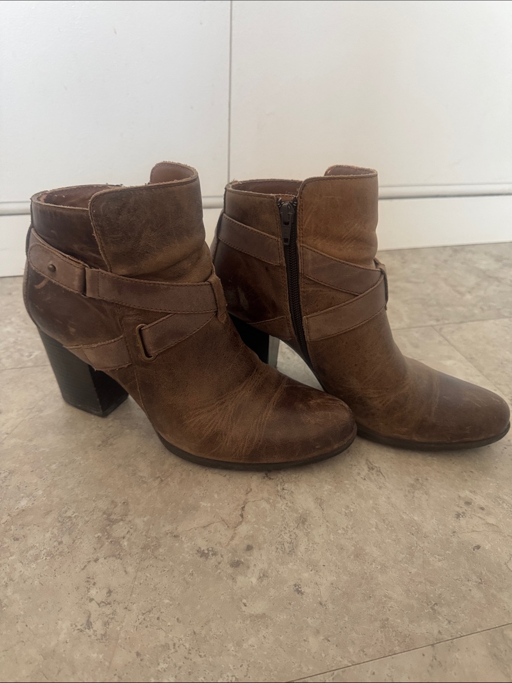 B.O.C Women's Brown Leather Ankle Boots with Block Heel
